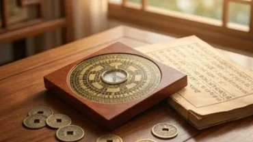 La bàn phong thủy và cuốn tử vi tuổi mậu thìn 1988 năm 2027 đặt trên bàn gỗ với đồng xu cổ