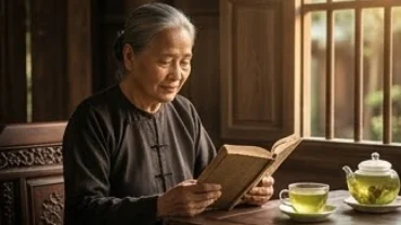 Người cao tuổi đang thảnh thơi xem tử vi tuổi mậu tuất 1958 năm 2027 bên ấm trà truyền thống