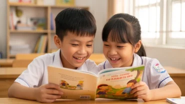 Bé trai và bé gái 8 tuổi rạng rỡ học tập, phản ánh vận trình tử vi tuổi Mậu Tuất 2018 năm 2026