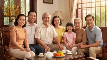 Cụ ông và cụ bà tuổi Mậu Tý tươi cười khỏe mạnh bên mâm cơm gia đình, phản ánh tử vi tuổi Mậu Tý 1948 năm 2027 bình an