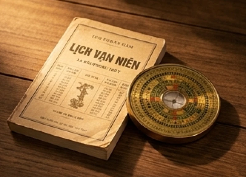 Cuốn lịch vạn niên và la bàn đồng giúp tra cứu vận hạn tuổi Mùi năm 2026