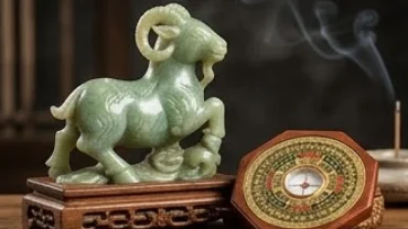 Bức tượng ngọc bích con dê kết hợp la bàn phong thủy tượng trưng cho tử vi tuổi mùi năm 2027