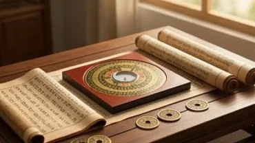 La bàn phong thủy và cuốn sổ ghi chép tử vi tuổi nhâm thân 1992 năm 2027 đặt trên bàn gỗ