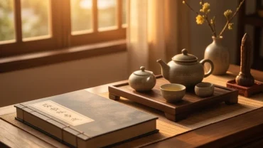 Bố cục phong thủy ngũ hành phương Đông thể hiện tử vi tuổi nhâm tý 1972 năm 2026 với sách cổ và ấm trà