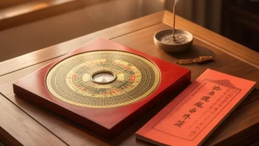 La bàn phong thủy và cuốn sổ tử vi tuổi quý hợi 1983 năm 2027 đặt trên bàn gỗ truyền thống