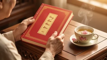 Gia chủ tìm hiểu tử vi tuổi quý mão 1963 năm 2027 với tách trà sen và cuốn lịch vạn niên truyền thống