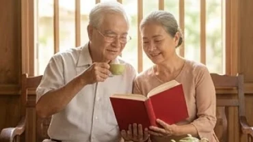 Cụ ông và cụ bà xem luận giải tử vi tuổi quý mùi 1943 năm 2026 bên ấm trà truyền thống