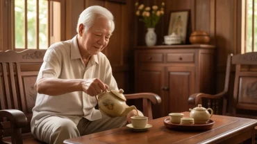 Cụ ông và cụ bà 85 tuổi thư thái thưởng trà trong không gian ấm cúng theo tử vi tuổi quý mùi 1943 năm 2027