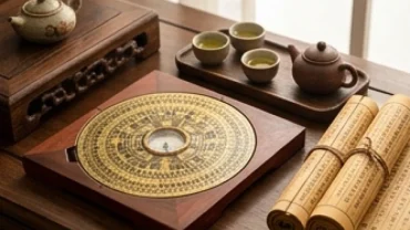 Bố cục phong thủy xem tử vi tuổi quý sửu 1973 năm 2027 với la bàn, ấm trà và sách cổ trên bàn gỗ