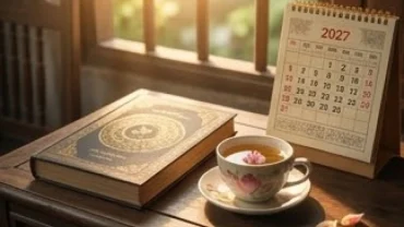 Trà sen và cuốn lịch tử vi tuổi Quý Tỵ 1953 năm 2027 đặt trên bàn gỗ truyền thống