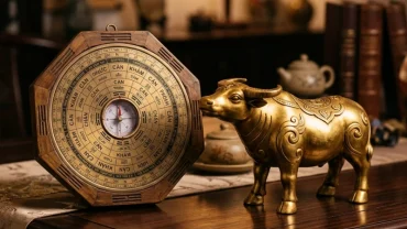 Hình ảnh la bàn phong thủy truyền thống và biểu tượng trâu vàng xem tử vi tuổi sửu năm 2026
