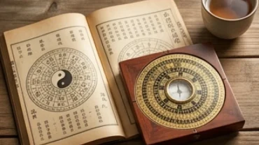 Cuốn sách tử vi và la bàn phong thủy đặt trên bàn gỗ thể hiện tổng quan tử vi tuổi sửu trọn đời