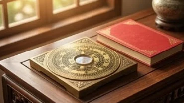 La bàn phong thủy và cuốn sách tử vi tuổi Tân Dậu 1981 năm Bính Ngọ 2026 đặt trên bàn gỗ