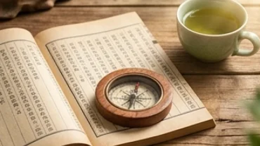 La bàn phong thủy và cuốn sách tử vi tuổi Tân Mùi 1991 năm 2026 trên bàn trà gỗ truyền thống