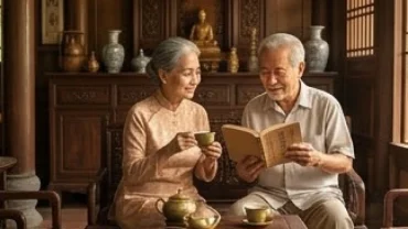 Cụ ông và cụ bà xem tử vi tuổi tân sửu 1961 năm 2026 bên tách trà sen ấm cúng