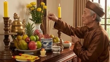 Người cao tuổi đang thắp nhang cầu bình an trước mâm lễ cúng sao giải hạn theo tử vi tuổi tân tỵ 1941 năm 2026