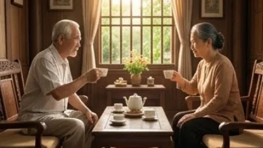 Cụ ông và cụ bà xem tử vi tuổi tân tỵ 1941 năm 2027 thanh thản thưởng trà đầu năm Đinh Mùi