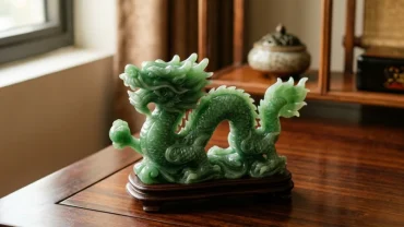 Tượng rồng bằng ngọc bích đặt trên bàn làm việc tinh tế đại diện cho bình an và may mắn trong tử vi tuổi thìn