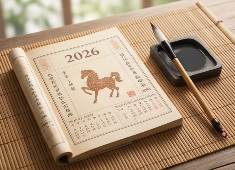 Cuốn lịch vạn sự mở ra các tháng trong năm 2026 cùng bút lông thư pháp