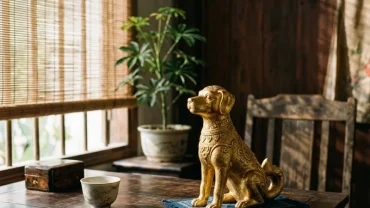 Bố cục nghệ thuật với tượng chó bằng đồng trên bàn gỗ truyền thống đại diện cho tử vi tuổi tuất