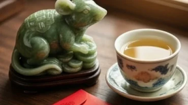 Tượng chuột phong thủy bằng ngọc bích đặt trên bàn gỗ tượng trưng cho tử vi tuổi tý năm 2026