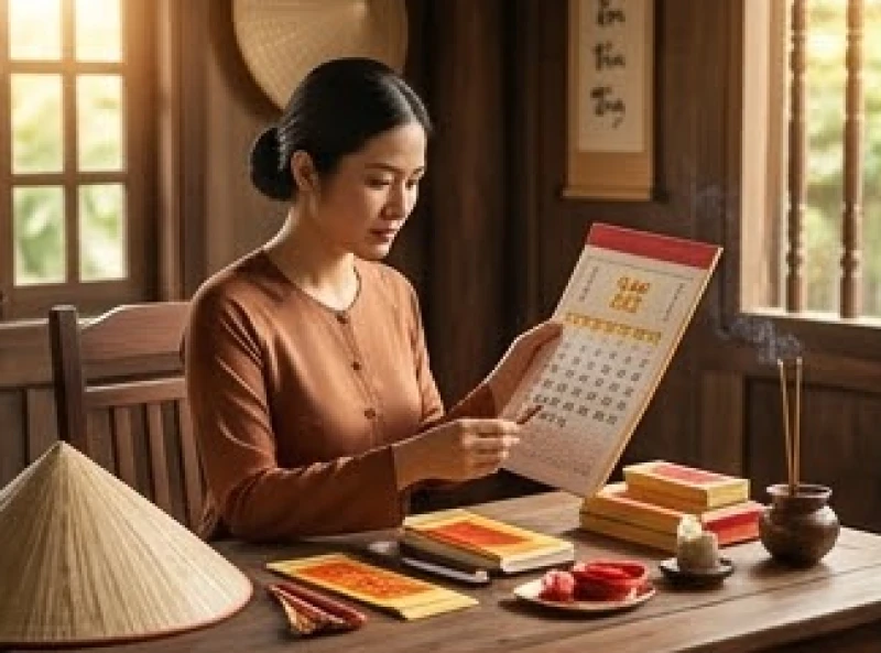 Người phụ nữ tuổi Tỵ đang cẩn thận chuẩn bị lễ vật và xem lịch vạn niên cho năm 2026.