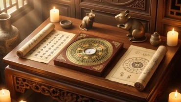 Cuốn thư hoặc la bàn phong thủy tượng trưng cho tử vi tuổi tý năm 2027 với các linh vật bản mệnh và ngũ hành