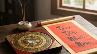 Lá số tử vi tuổi Tỵ năm 2027 Đinh Mùi đặt cạnh la bàn phong thủy và nén nhang trầm