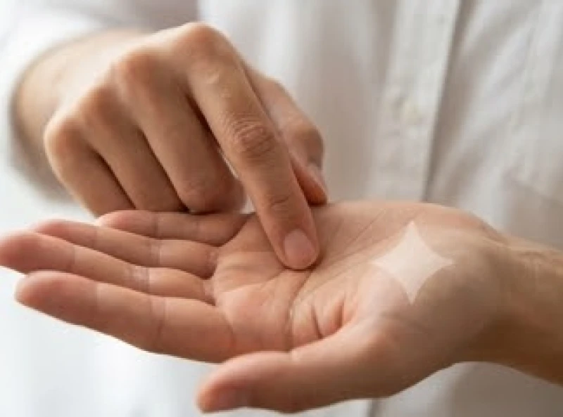 Ngón trỏ đang cẩn thận dò theo từng đường vân nổi bật giữa lòng bàn tay dưới ánh sáng