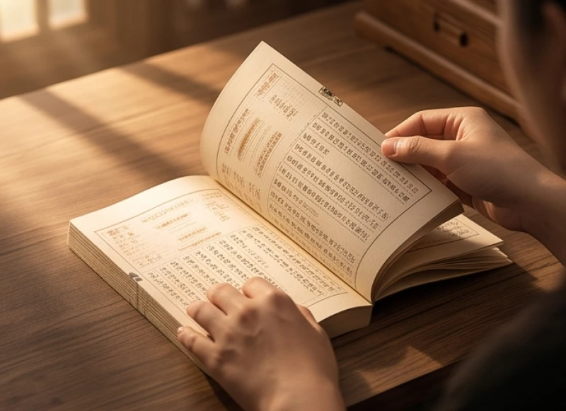 Người lớn tuổi đang tra cứu cuốn lịch vạn niên bằng giấy để chọn thời điểm bắt đầu công việc