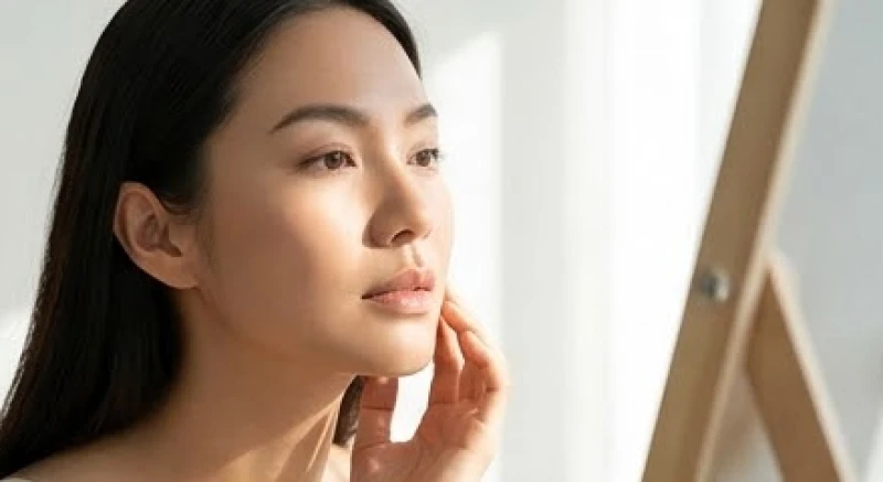 Tướng Nhân Trung Sâu: Thước Đo Nhận Biết & Luận Giải Nam Nữ 4 Một người phụ nữ đang soi gương góc nghiêng 45 độ để tự đánh giá độ gồ lên của hai bờ viền nhân trung