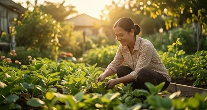Một người dân đang vui vẻ làm việc trong khu vườn ngập nắng thể hiện cuộc sống lương thiện và hoàn toàn tuân thủ pháp luật