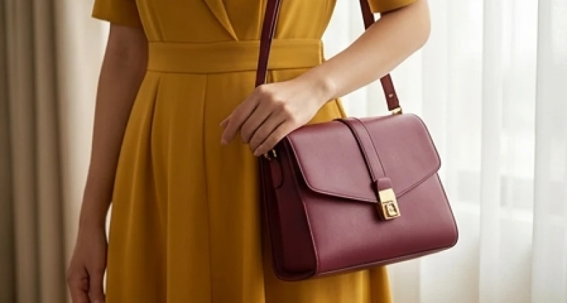 Phối hợp váy màu vàng mustard cùng túi xách da màu đỏ mận kích hoạt tài vận cho nữ mệnh Thổ