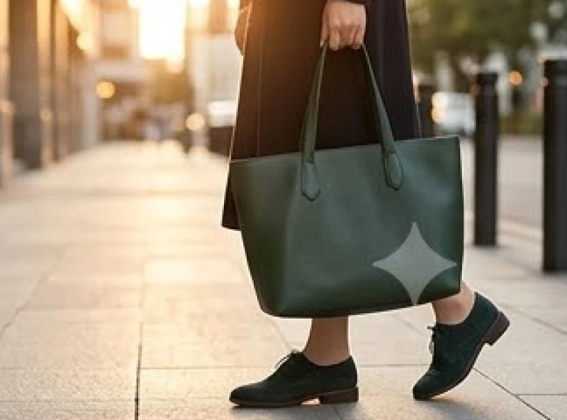Cô gái mang theo một chiếc túi xách tote bằng da màu xanh lá cây đậm sang trọng