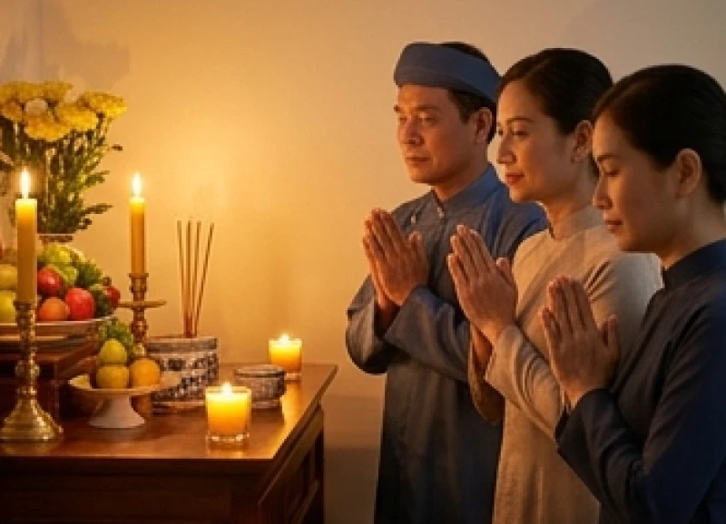 Văn khấn 49 ngày tại nhà: Bài cúng chuẩn và trình tự sắm lễ 2 Gia đình chắp tay thành kính cầu nguyện và tụng kinh cầu siêu trong dịp 49 ngày