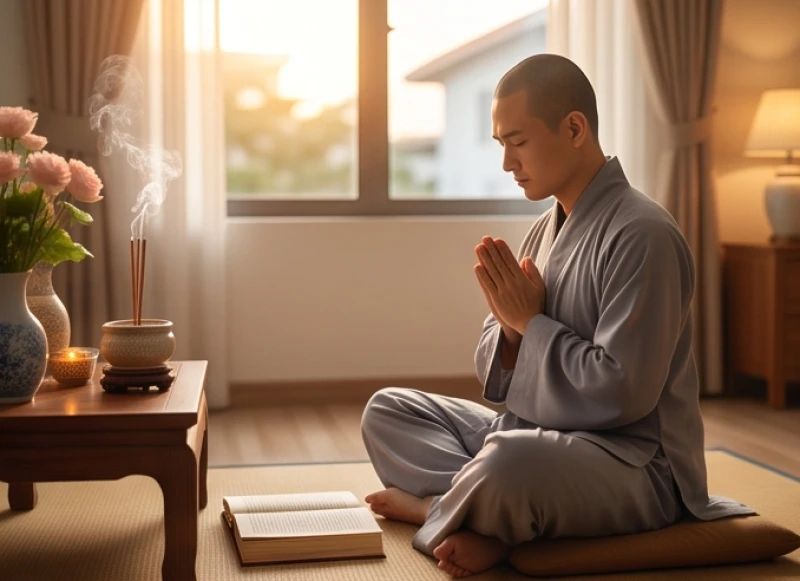 Văn khấn Địa Tạng tại nhà: Bài cúng cầu an, cầu siêu đúng lễ 2 Phật tử tĩnh tâm chắp tay trì tụng kinh Địa Tạng trước bàn thờ Bồ Tát trong không gian yên bình