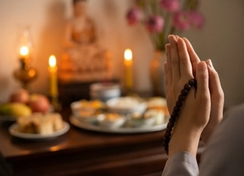 Văn khấn cầu an cho cha mẹ: Bài cúng chuẩn khi khỏe và lúc ốm 2 Gia chủ trang nghiêm chắp tay tụng kinh Dược Sư kết hợp đọc văn khấn cầu an cho cha mẹ ốm đau