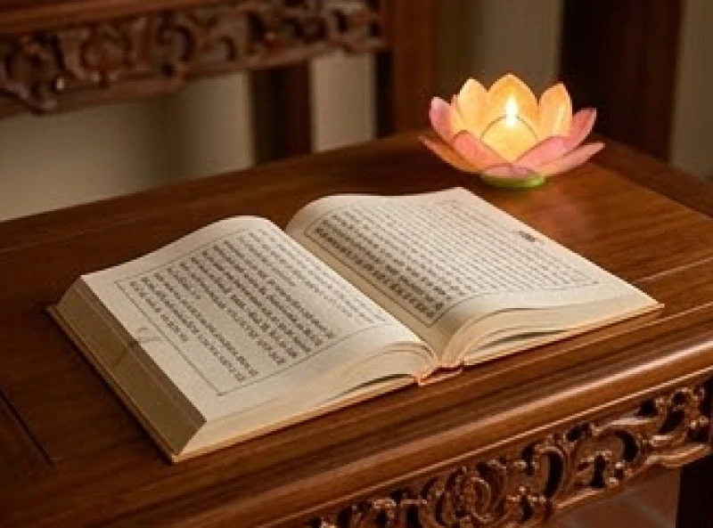 Văn khấn cầu con chuẩn nghi lễ: Cách sắm lễ và chọn ngày lành 8 Quyển kinh Phật mở ra trên mặt bàn gỗ bên cạnh ngọn đèn hoa sen đang cháy sáng thanh tịnh