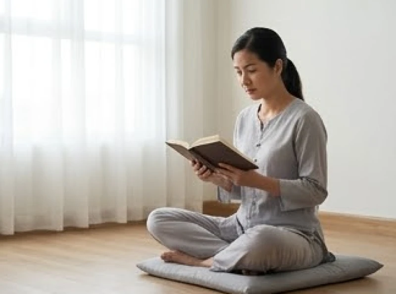 Văn khấn cầu siêu cho oan gia trái chủ: Bài cúng và sắm lễ 3 Người phụ nữ tụng kinh sám hối trong không gian yên tĩnh với sự tập trung cao độ và lòng thành kính