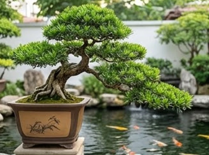 Chậu tùng la hán uốn dáng thác đổ mềm mại được đặt trang trọng sát mép hồ cá koi ngoài sân