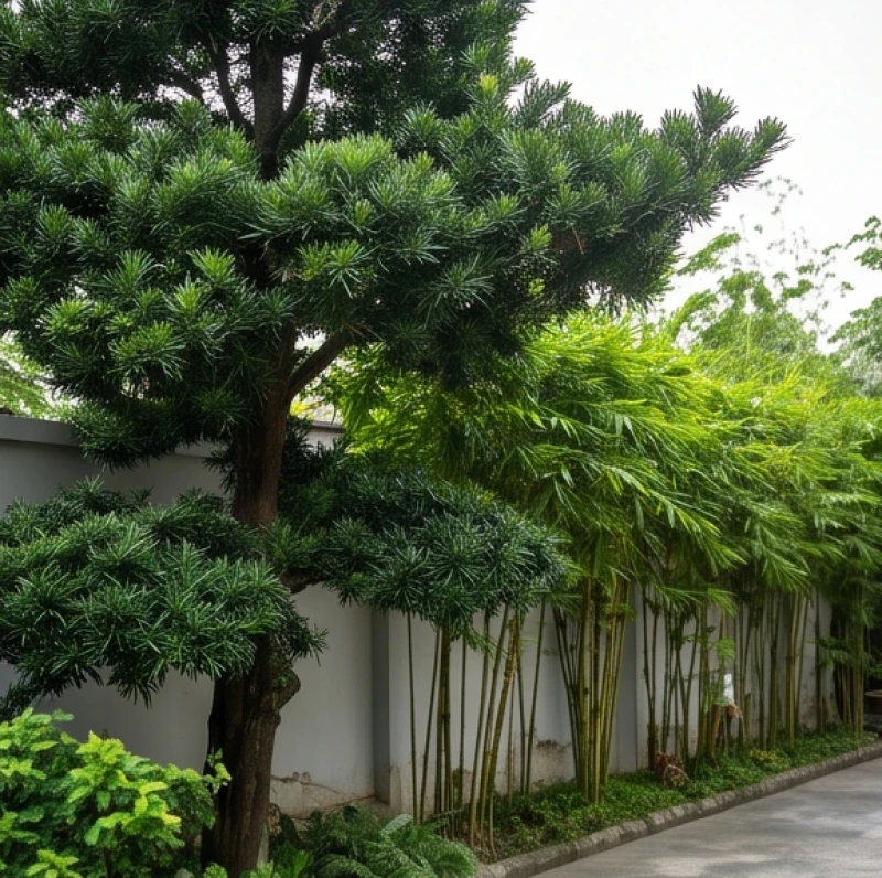 Cây trồng ngoài sân hợp tuổi Thìn: Cây bóng mát và tọa độ 7 Cây tùng la hán uy nghi vươn mình xanh thẫm bên cạnh hàng trúc quân tử thẳng tắp dọc bờ tường rào
