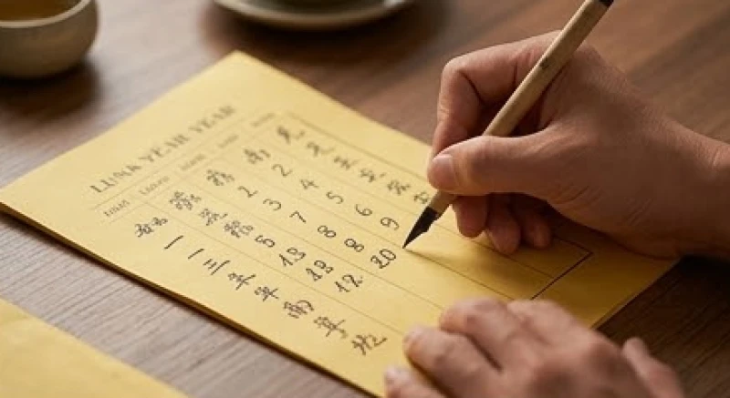 Cách ghi tên người khấn đúng chuẩn nghi thức: Công thức điền mẫu sớ 2 Cận cảnh tay cầm bút lông viết tuổi mụ theo âm lịch lên giấy cúng màu vàng để chuẩn bị dâng lễ