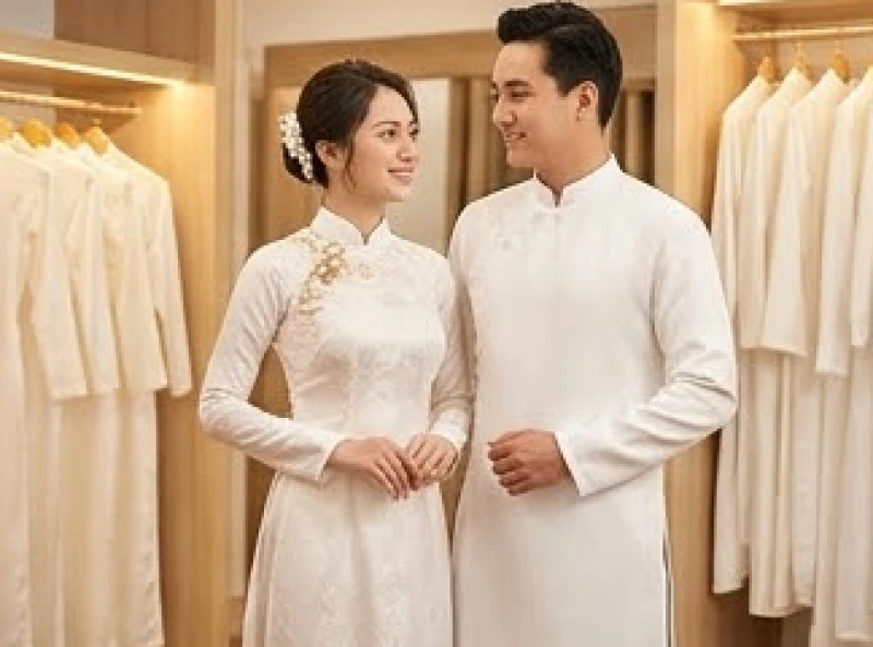 Tình duyên tuổi Hợi năm 2027: Lộ trình 12 tháng và phong thủy 5 Cặp đôi thanh niên tươi cười thử trang phục cưới truyền thống áo dài trong một tiệm may sang trọng