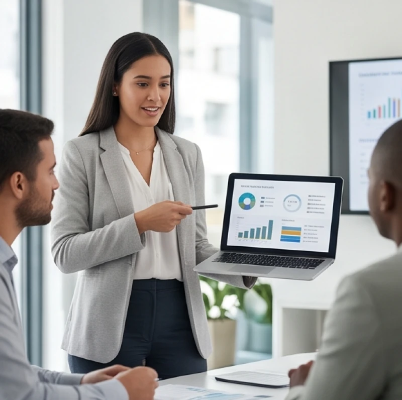Chuyên viên Digital Marketing nữ tuổi Ất Hợi tự tin trình bày chiến dịch nội dung trên máy tính