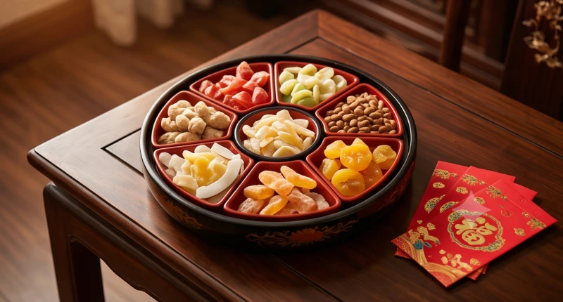Phong bao lì xì đỏ rực và khay mứt Tết được chuẩn bị sẵn sàng để đón khách xông nhà