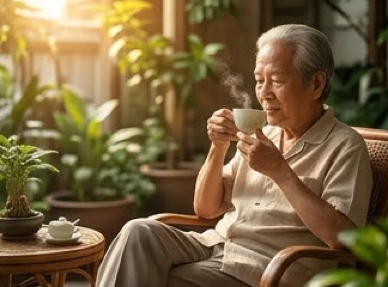 Người lớn tuổi thảnh thơi uống trà trong không gian tĩnh lặng, thể hiện bình an tuổi Ất Tỵ