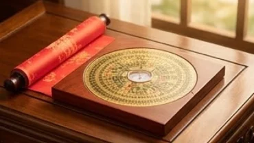 La bàn phong thủy và cuốn cẩm nang tử vi đặt trên bàn gỗ tượng trưng cho vận trình tuổi ất tỵ 2025