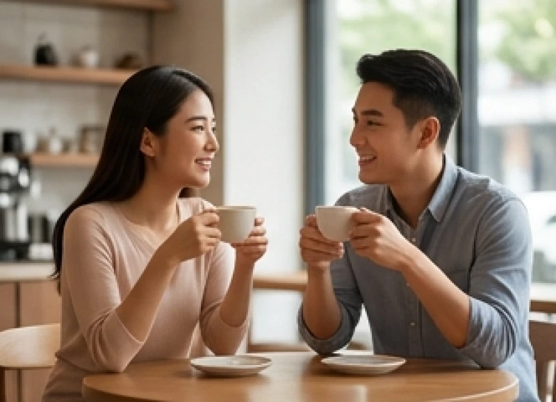 Cặp đôi trẻ mỉm cười trò chuyện vui vẻ trong buổi hẹn hò tìm hiểu