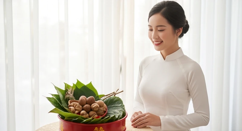 Cô dâu sinh năm Bính Tý rạng rỡ trong chiếc áo cưới màu trắng bên cạnh khay trầu cau truyền thống
