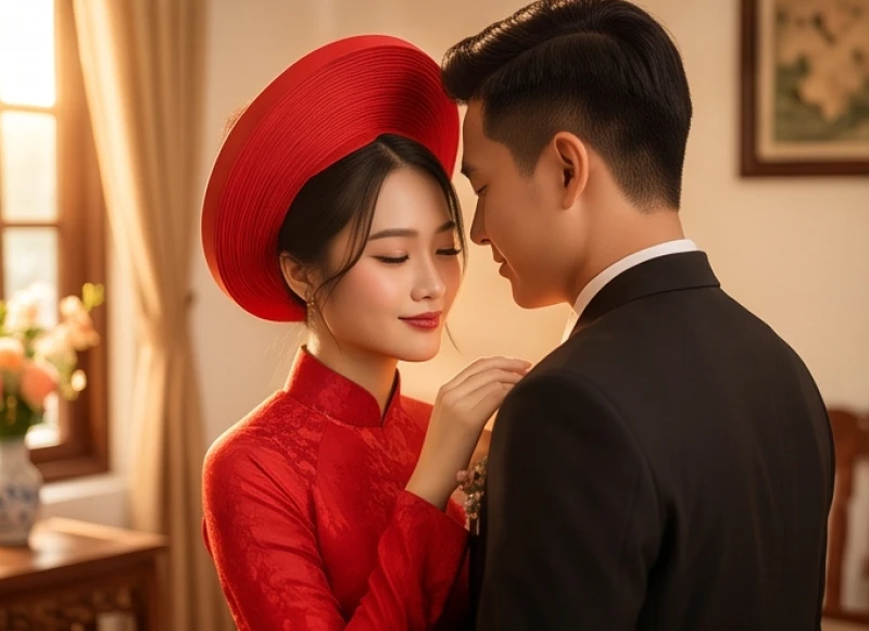 Cô dâu Bính Tý đội mấn đỏ truyền thống đang e ấp bên chú rể trong không gian lễ gia tiên ấm cúng
